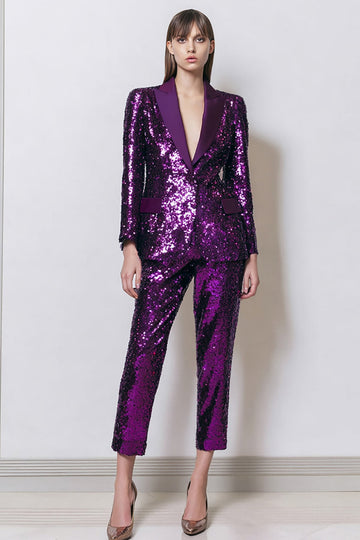 paillettes scintillantes violet foncé 2 pièces femmes bal costumes avec poches